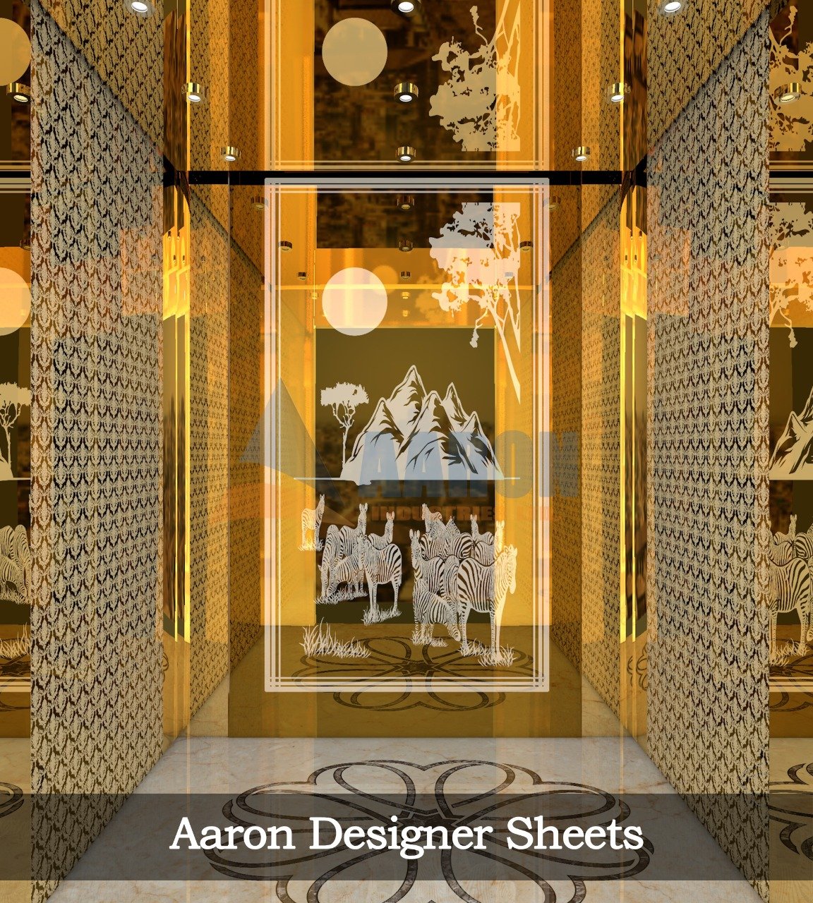 Luxury passenger elevator cabin with premium golden decorative interior